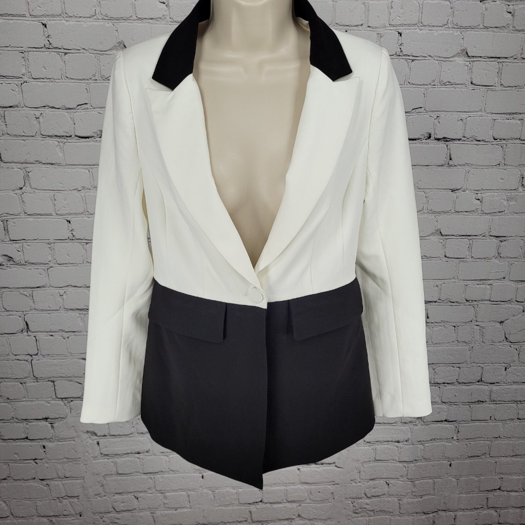 Nwt Bebe Black & White Woven Twill Colorblock Notch Stretch Jacket Blazer Size 2